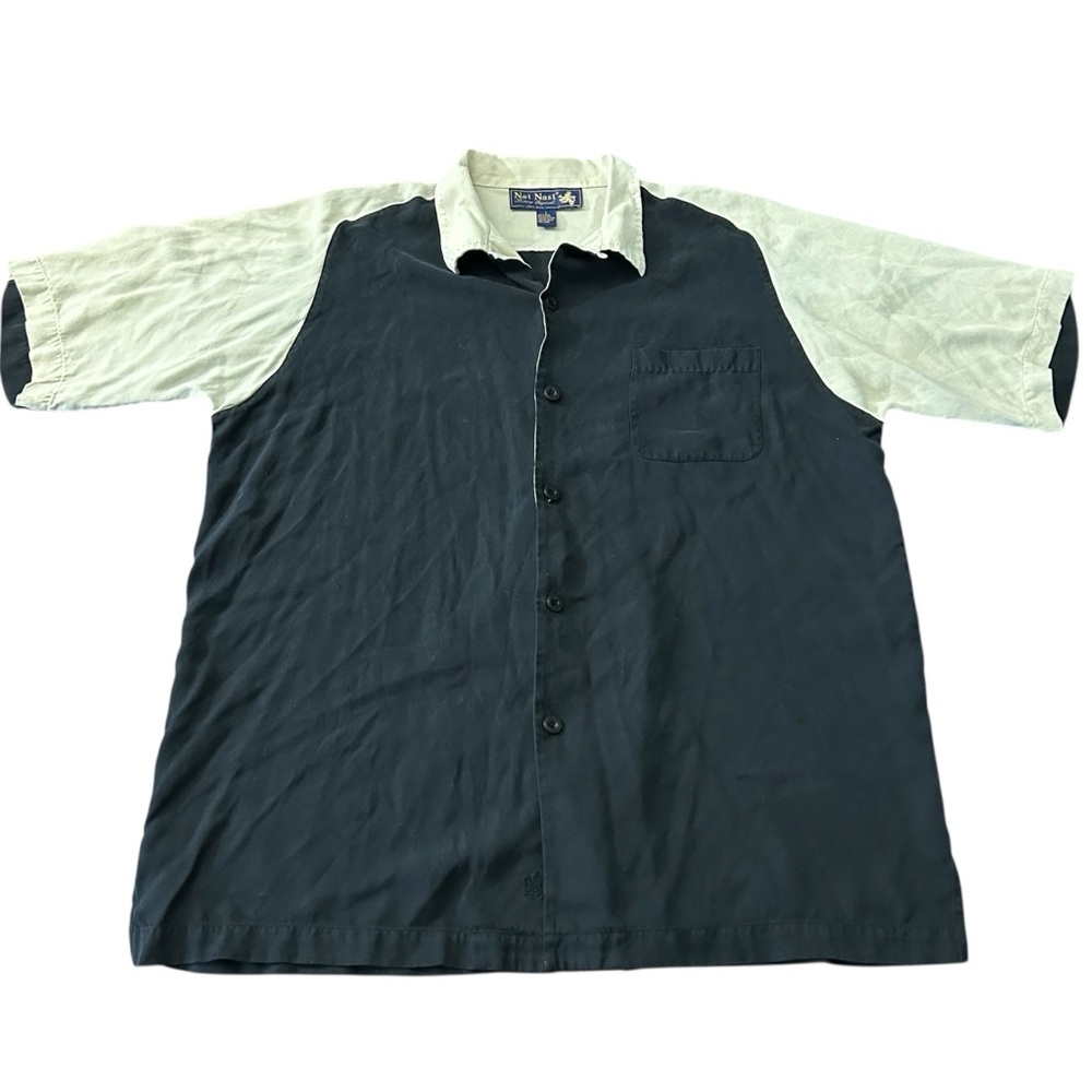Nat Nast Black and Cream Casual Button Up 100% Silk Shirt Men’s size Large